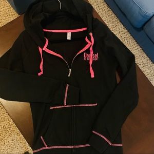 Damsel in Defense Zip Up Hoodie Sweatshirt Coat Jacket, Black/Pink, Medium
